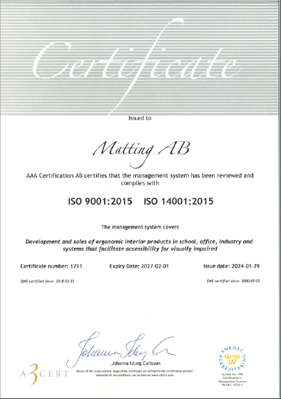 Matting AB Certifikat ISO 14001 og 9001