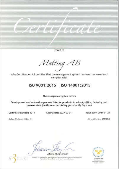 Matting AB Certificate ISO 14001 / 9001